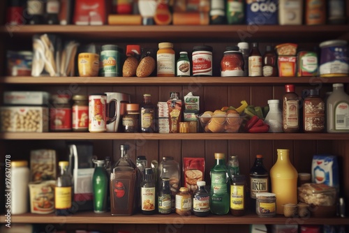 Wallpaper Mural An array of pantry staples and food items neatly arranged on wooden shelves, illustrating an organized and well-stocked kitchen. Torontodigital.ca