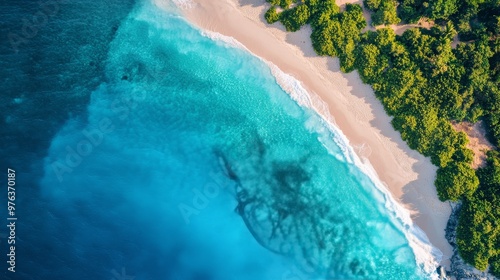 Tranquil Caribbean coastline with clear turquoise waters and sandy shoreline on a sunny day