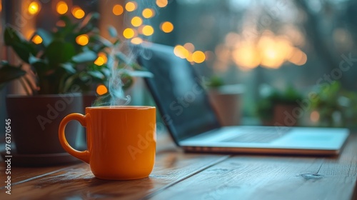 Cozy morning with a steaming cup of coffee and a laptop in a plant-filled spa...