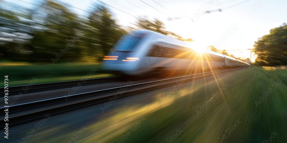A high-speed train accelerates through a picturesque countryside at sunset, epitomizing modern rail travel, speed, connectivity, and technological advancement in transportation. A high-speed train accelerates through a picturesque countryside at sunset, epitomizing modern rail travel, speed, connectivity, and technological advancement in transportation.
