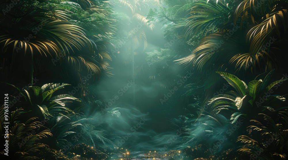 A deep jungle place surrounded by vegetation of canopy, the tropical jungle have a few golden leaves and gemstones encrusted into trees. Generative AI. A deep jungle place surrounded by vegetation of canopy, the tropical jungle have a few golden leaves and gemstones encrusted into trees. Generative AI.