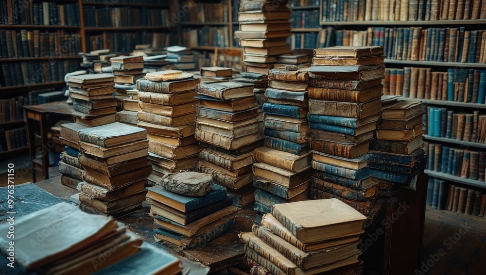 A close-up, top view of an antiquated, cluttered desk overflowing with old books, creating a scholarly and nostalgic ambience. A close-up, top view of an antiquated, cluttered desk overflowing with old books, creating a scholarly and nostalgic ambience.