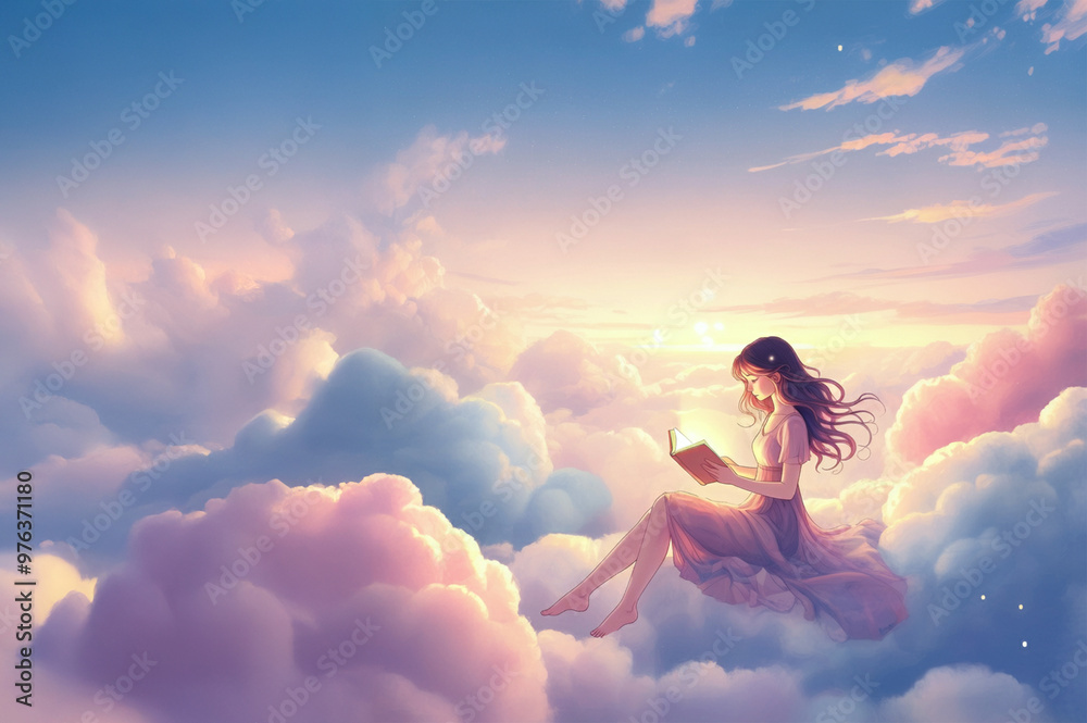 Illustration of a girl reading a book above the clouds. Illustration of a girl reading a book above the clouds.