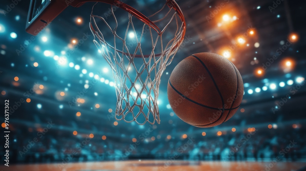 Basketball hoop under soft glowing lights in an outdoor court at dusk Basketball hoop under soft glowing lights in an outdoor court at dusk