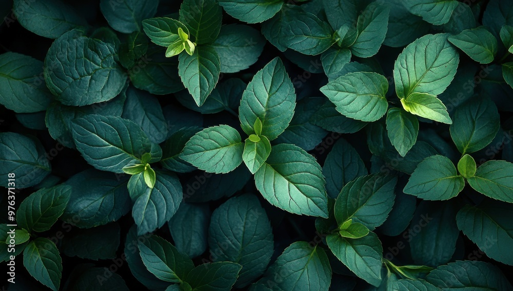 A close-up view of lush green leaves arranged in a harmonious composition against a dark, moody backdrop, highlighting the serene and natural beauty. A close-up view of lush green leaves arranged in a harmonious composition against a dark, moody backdrop, highlighting the serene and natural beauty.