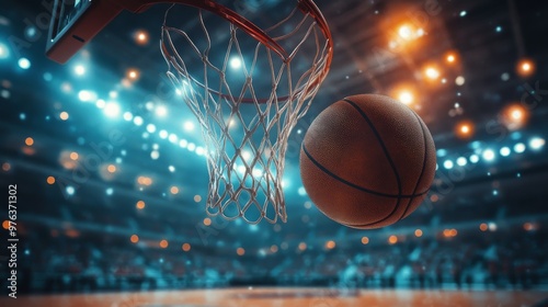 Basketball hoop under soft glowing lights in an outdoor court at dusk