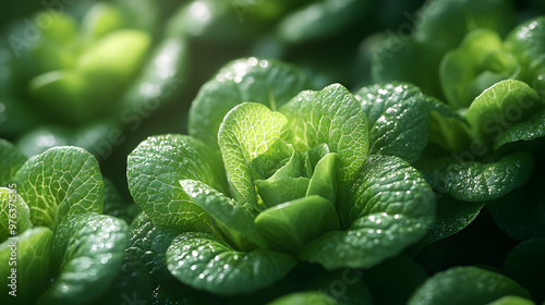 Vibrant green lettuce leaves glistening in sunlight, showcasing freshness and healthy growth, perfect for culinary and organic themes.