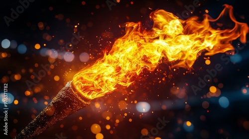 Person holds a burning torch in a stadium during a vibrant sports event celeb...