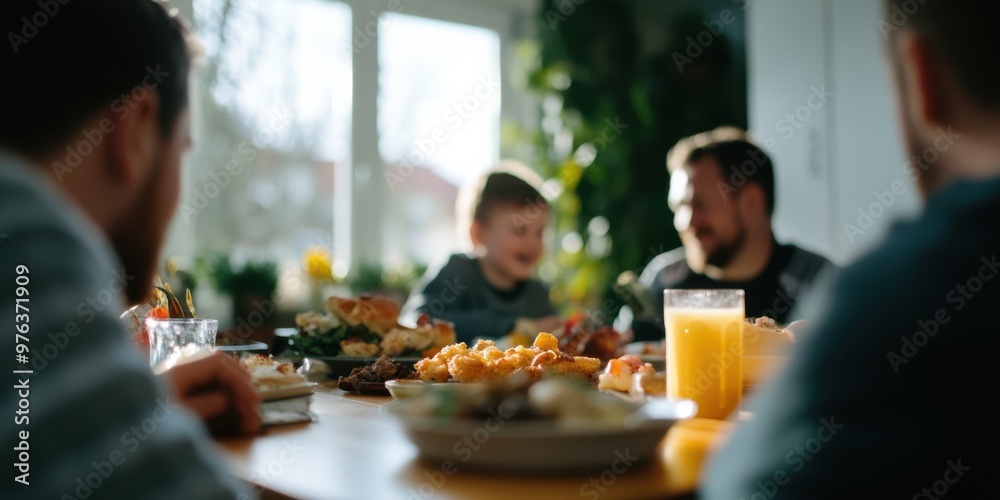 A family gathers around a dining table with plates of food and drinks, sharing a joyful moment, bathed in warm sunlight streaming through the windows.
