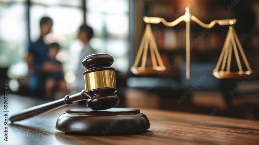 Wooden gavel on a desk in a courtroom with people discussing legal matters in the background Wooden gavel on a desk in a courtroom with people discussing legal matters in the background