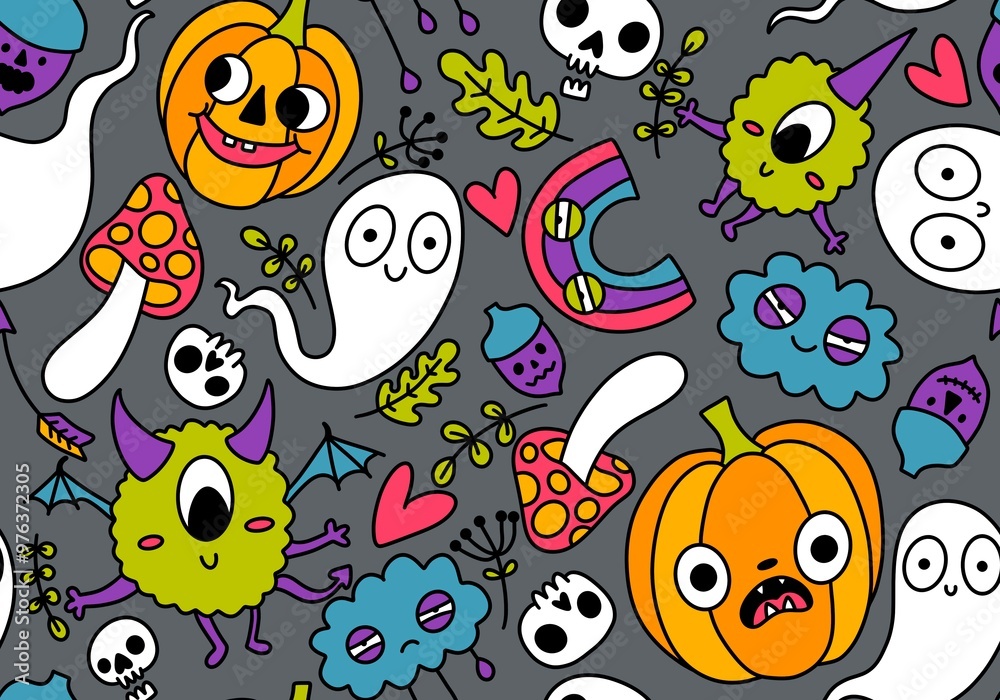 Halloween cute pumpkins seamless monsters pattern for wrapping paper and fabric Halloween cute pumpkins seamless monsters pattern for wrapping paper and fabric