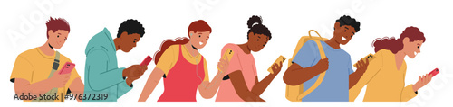 Young People Engaging With Their Smartphones. Diverse Characters Are Smiling And Fully Absorbed In Digital Devices
