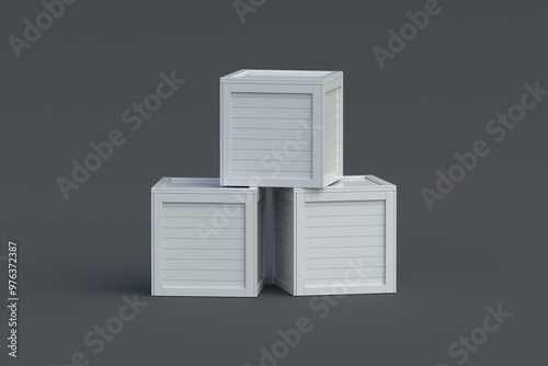 Heap of wooden shipping boxes on black background. Transportation crate. Import, export goods. 3d render photo