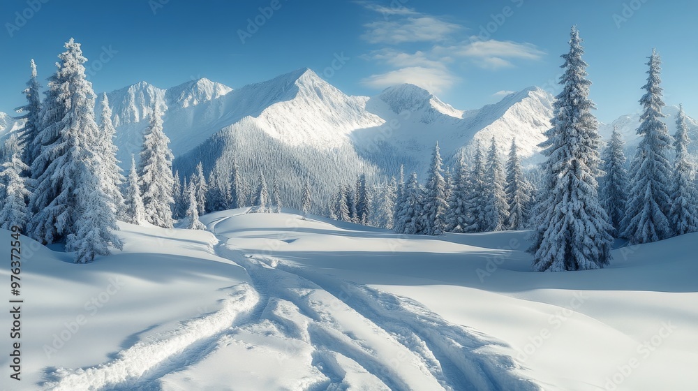 Serene winter riverbank with snow-covered trees and a tranquil waterway under misty clouds Serene winter riverbank with snow-covered trees and a tranquil waterway under misty clouds
