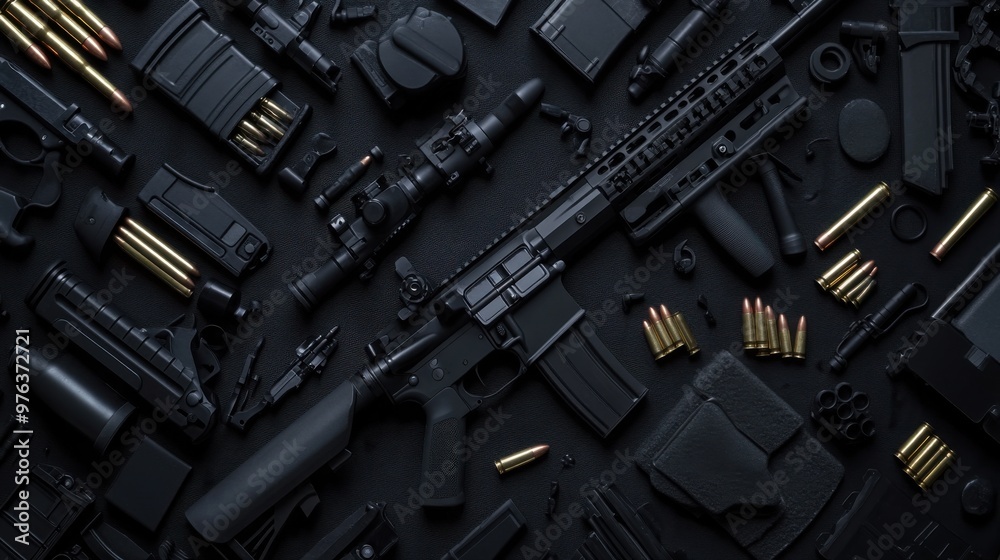 Fototapeta premium Comprehensive flat lay shot of an AR-15 rifle, its various parts, and bullets meticulously organized on a dark surface.