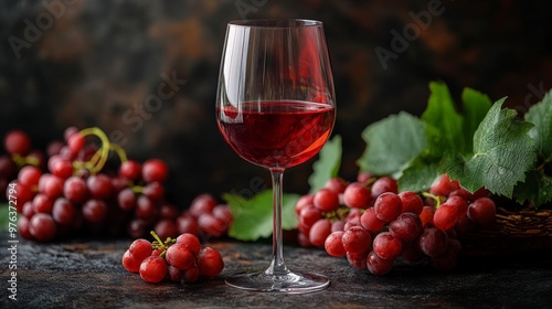 Red wine glass beside fresh grapes with vibrant leaves on a rustic wooden sur...