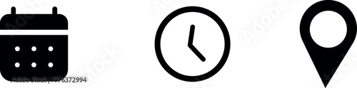 Calendar, Location pin, Clock icons. Event icon set. Address, time, date symbols vector