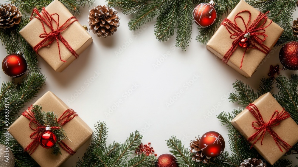 Creative holiday gift arrangement with presents, pinecones, and greenery laid on a table Creative holiday gift arrangement with presents, pinecones, and greenery laid on a table