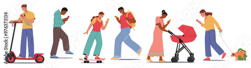 Various Characters Walking And Using Phones. People With Unique Styles And Activities Such As Scooters, Baby Strollers
