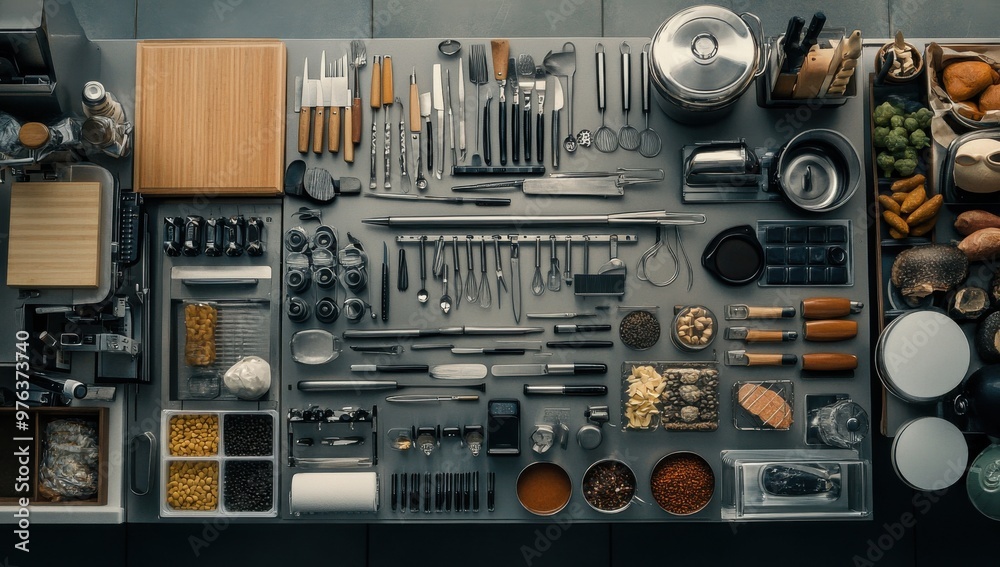 Overhead view of a variety of kitchen tools and equipment neatly arranged on a dark surface, perfect for culinary preparation. Overhead view of a variety of kitchen tools and equipment neatly arranged on a dark surface, perfect for culinary preparation.