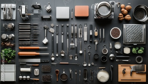 An organized overhead view of various kitchen tools and equipment neatly laid out on a flat dark surface, showcasing cooking essentials.