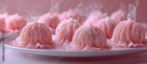 Delicate fluffy meringue kisses adorned with luscious whipped cream and a dusting of confectioner s sugar arranged artfully on a pastel pink serving plate  This premium photo