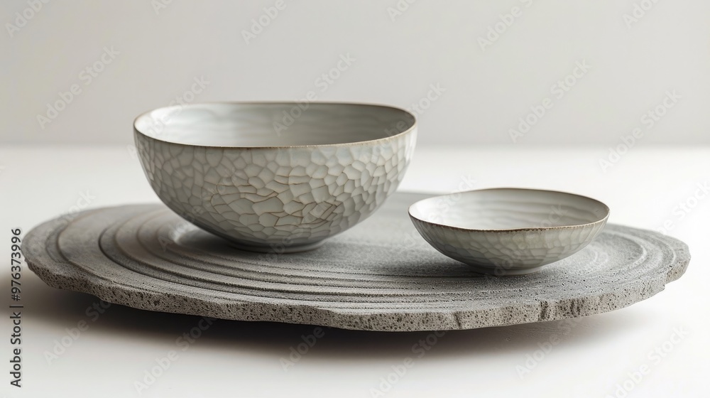 A set of modern minimalist handmade ceramic dishes including a bowl and plates arranged on a wooden tray The tableware features a clean monochromatic design with a textured A set of modern minimalist handmade ceramic dishes including a bowl and plates arranged on a wooden tray The tableware features a clean monochromatic design with a textured