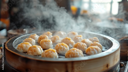 Steaming dumplings in a bamboo steamer at a bustling kitchen during dinner time