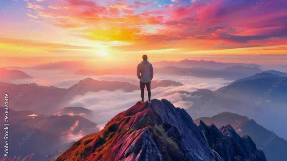 Man Standing on Mountain Peak at Sunrise with Colorful Clouds Man Standing on Mountain Peak at Sunrise with Colorful Clouds