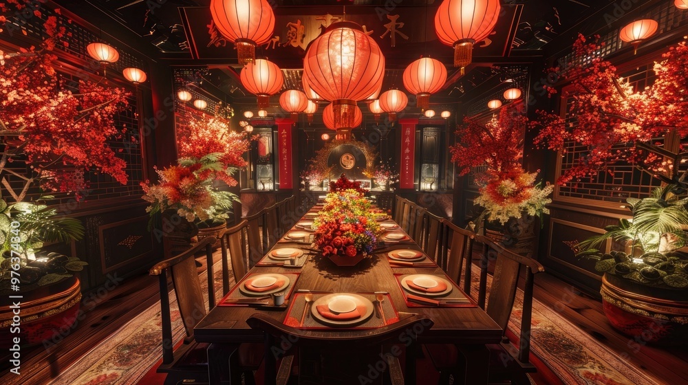Elegant and Ornate Chinese Restaurant Interior with Hanging Red Lanterns Intricate Floral Arrangements and Wooden Dining Table Setting for a Celebratory Meal or Event Elegant and Ornate Chinese Restaurant Interior with Hanging Red Lanterns Intricate Floral Arrangements and Wooden Dining Table Setting for a Celebratory Meal or Event