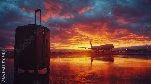 Golden sunset illuminating an airport runway with a suitcase in the foreground