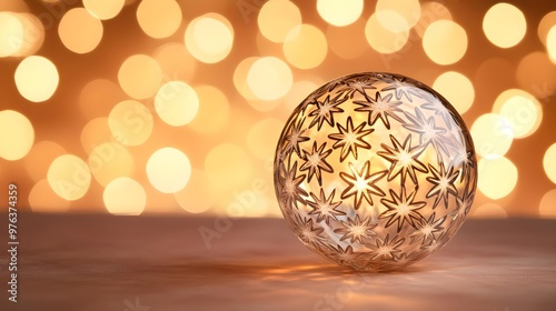 Glass Ornament with Star Pattern on Golden Bokeh Background