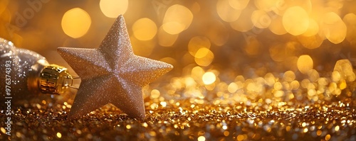 Glittering Star on Golden Festive Background