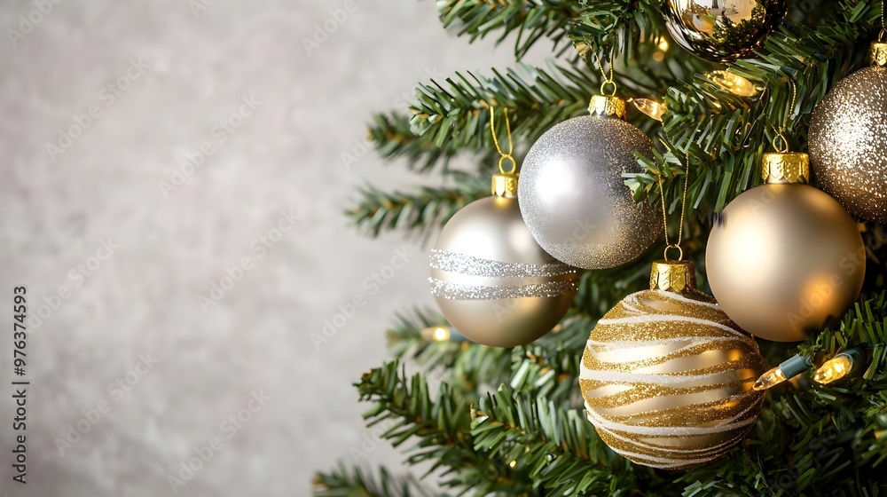 Gold and Silver Christmas Ornaments on Green Tree Gold and Silver Christmas Ornaments on Green Tree