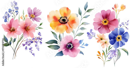 Fototapeta Naklejka Na Ścianę i Meble -  Set of watercolor flowers paintings, floral vintage bouquet illustrations with wildflowers and leaves. Designer poster, greeting card, birthday card. Isolated on white.
