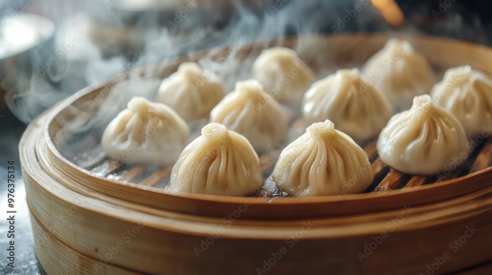 Steaming dumplings in a bamboo steamer at a bustling kitchen during dinner time Steaming dumplings in a bamboo steamer at a bustling kitchen during dinner time