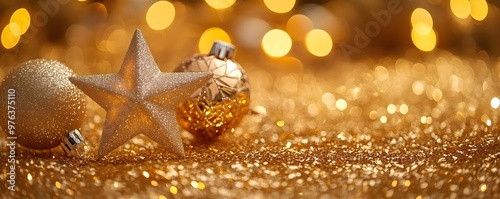Gold Christmas Ornaments & Star on Glittering Background