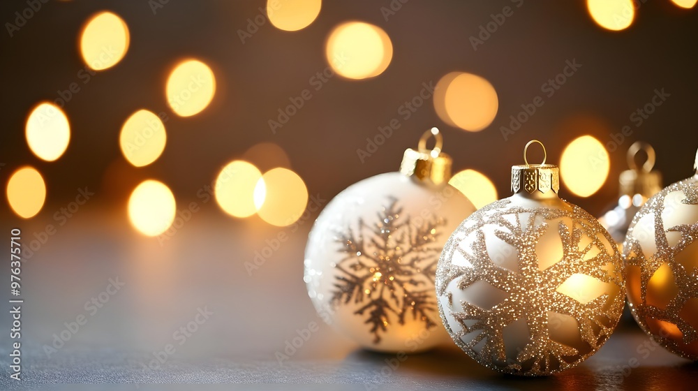 Golden and White Christmas Ornaments with Bokeh Lights