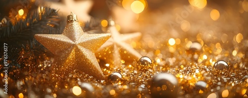 Golden Christmas Decorations with Sparkling Lights