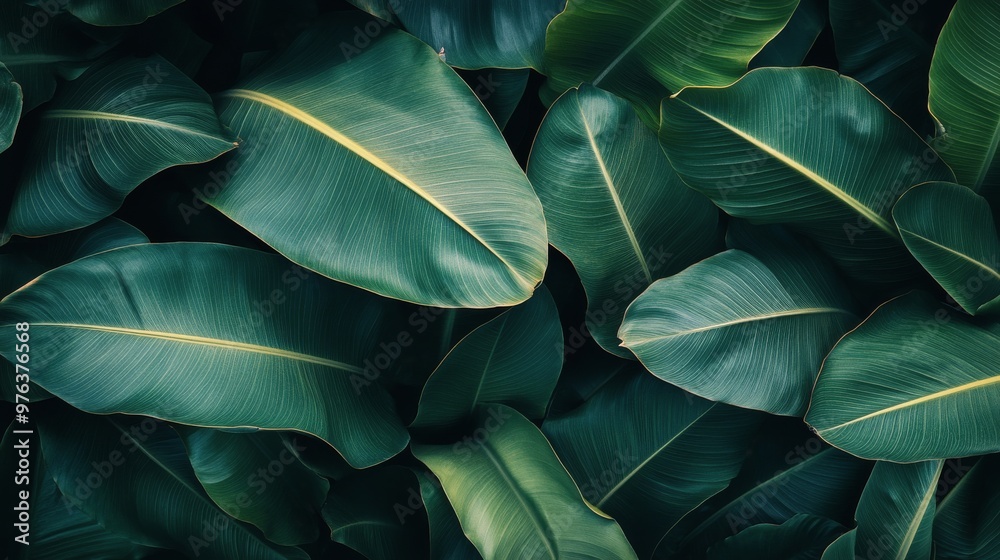 Lush green leaves with intricate patterns captured from above in a tropical setting Lush green leaves with intricate patterns captured from above in a tropical setting