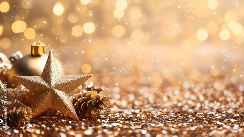 Golden Christmas Ornament and Star with Glitter Background