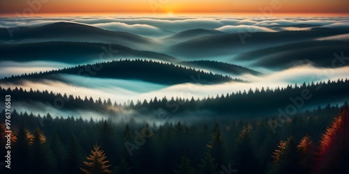 The sunrise over a foggy forest, with the sun glowing in the distance and layers of trees creating depth and texture