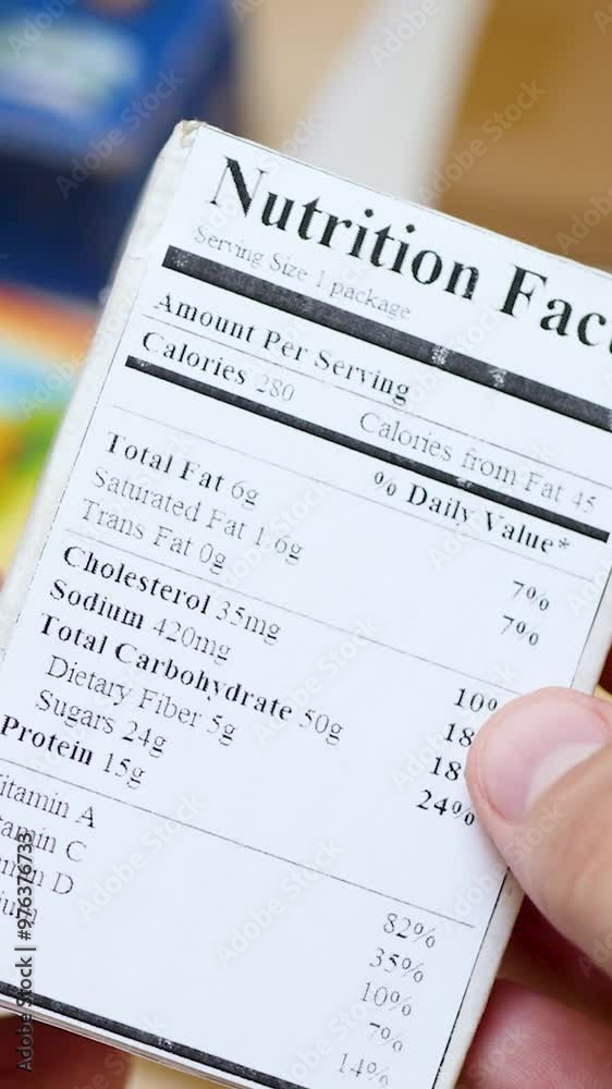 Holding food label with ingredients on paper box. Shopping and nutrition focus. Label affixed to product with printed information. Critical details provide insight into product contents and quality
