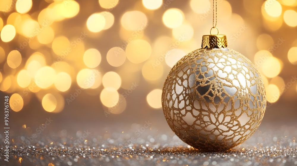 Golden Christmas Ornament with Bokeh Lights Golden Christmas Ornament with Bokeh Lights