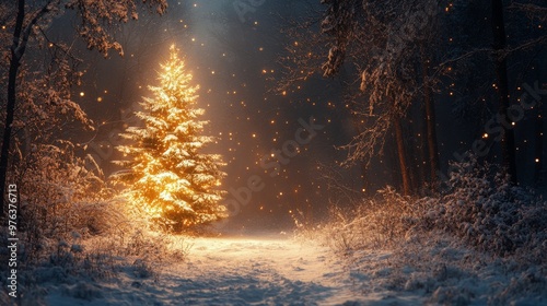Snow-covered Christmas tree adorned with red ornaments in a tranquil winter f...