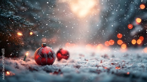 Winter holiday decorations with gifts and ornaments under a Christmas tree at...