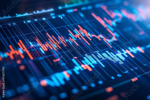 The stock market and business investing concept is viewed from a low angle with digital financial charts, diagrams, and indicators. A dark blue blurry background is used to emphasize the concept.