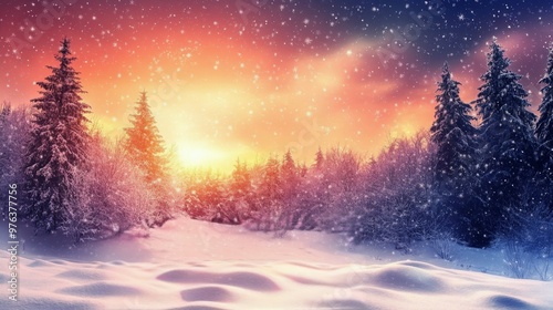Winter sunset over a snowy village with cozy cabins nestled among the mountains
