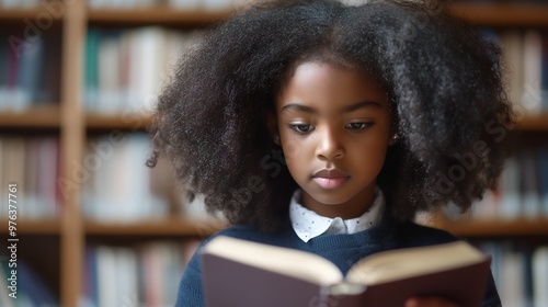 Young black african american female school student reading educational book in college library photo