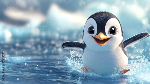 Cute cartoon animals of a penguin sliding on ice, looking joyful